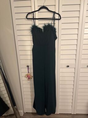 Feather Trim Dark Green Jumpsuit